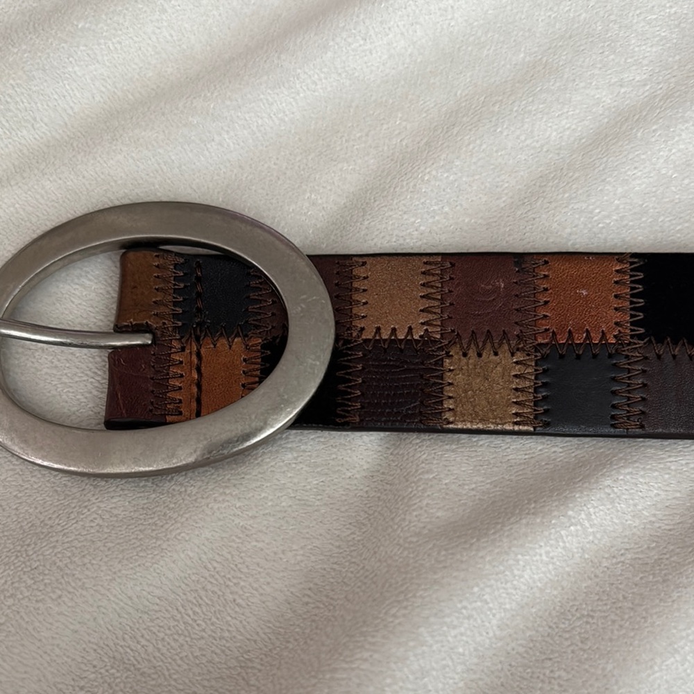 Vintage Fossil patch work genuine Leather Belt with Silver Buckle - Picture 7 of 13